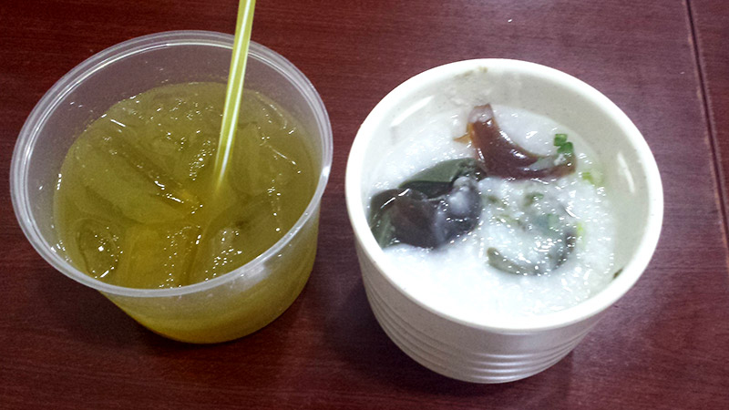 Sugar cane juice and Century egg porridge