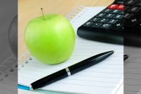 Apple, Notebook, and Calculator