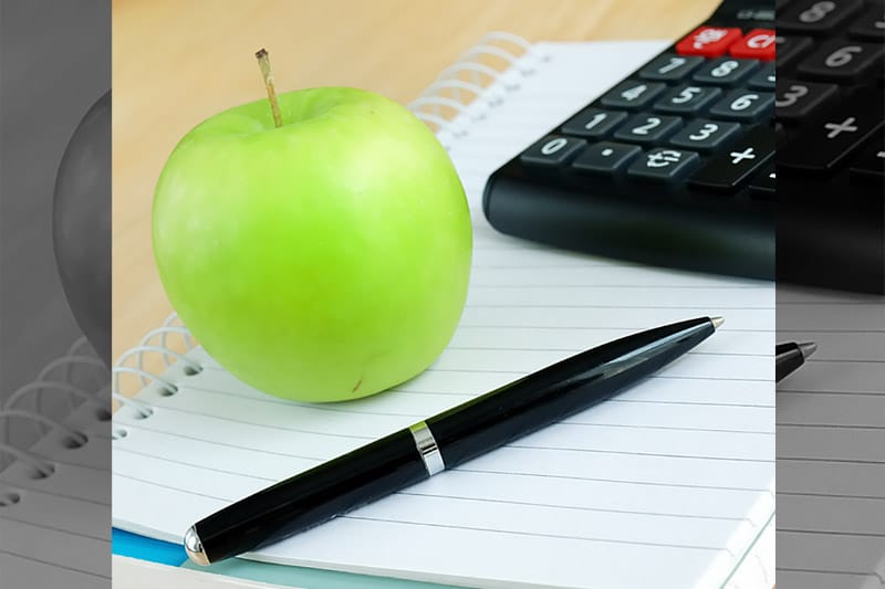 Apple, Notebook, and Calculator