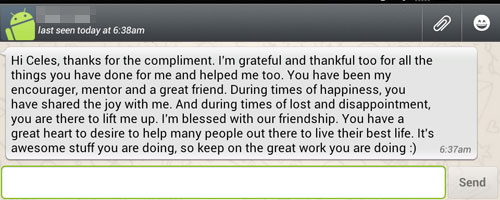 Response to my Compliment on Whatsapp