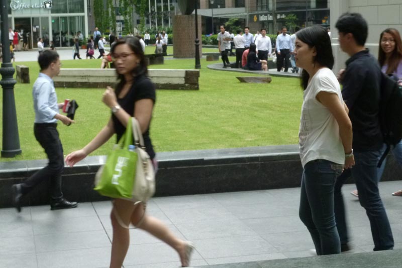 Celes facing the lunch crowd in Raffles Place