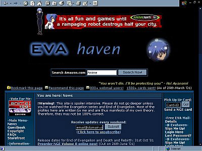 Screenshot of Evahaven, fansite of Neon Genesis Evangelion