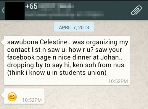 Very first message from Ken on Whatsapp