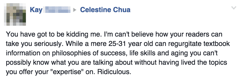 Negative comment on my Facebook page by "Kay"