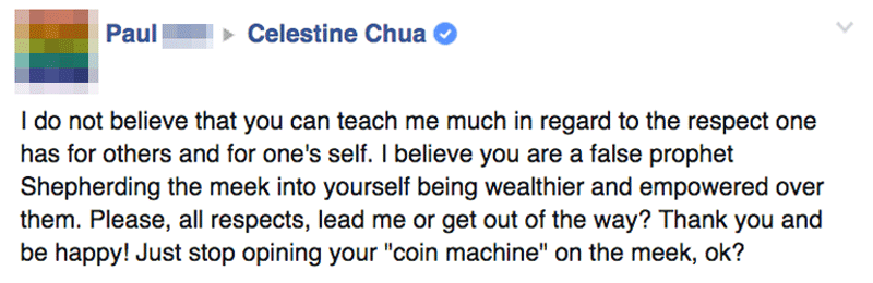 Negative comment on my Facebook page by "Paul"